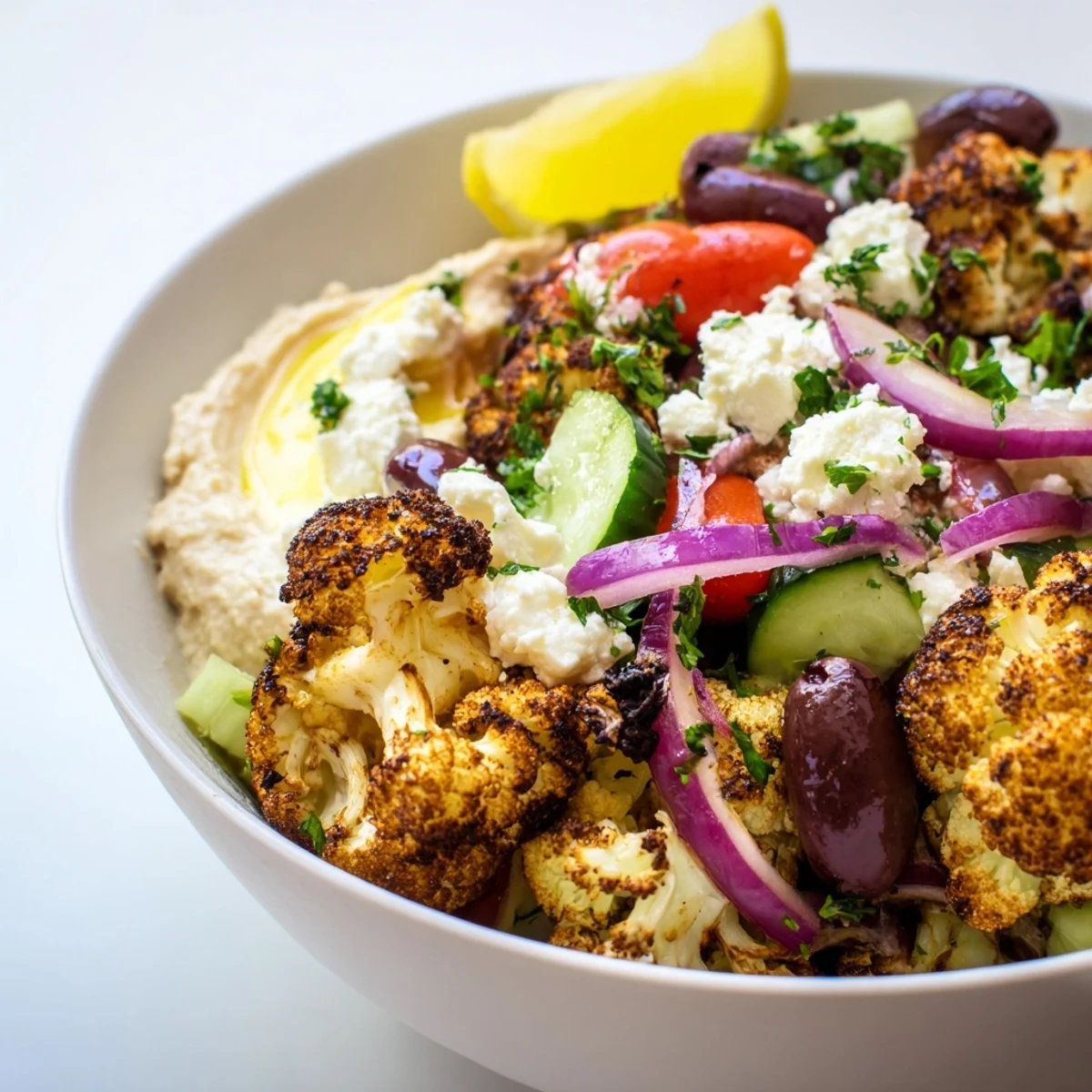 Steaming Greek cauliflower bowl drizzled with lemon dressing and sprinkled with chopped parsley