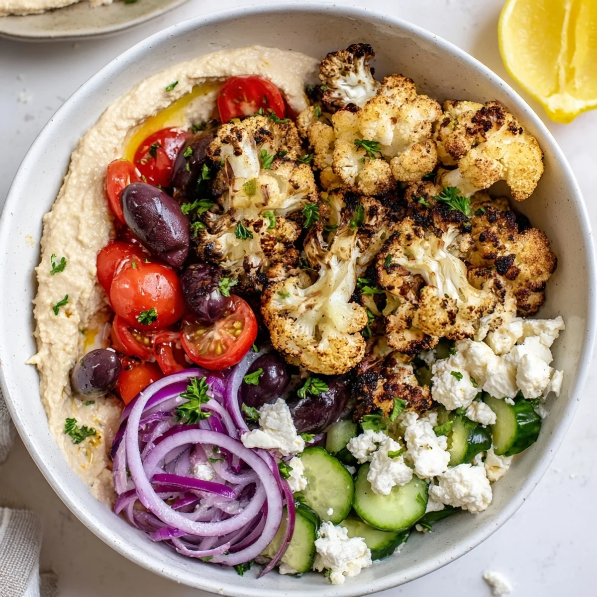 Vibrant Greek cauliflower bowl with juicy tomatoes, olives, and a creamy hummus dollop