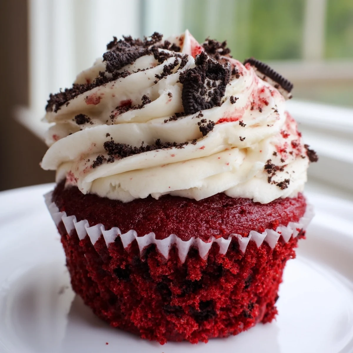 Rich red velvet Oreo cupcakes topped with creamy cookie frosting on a rustic plate