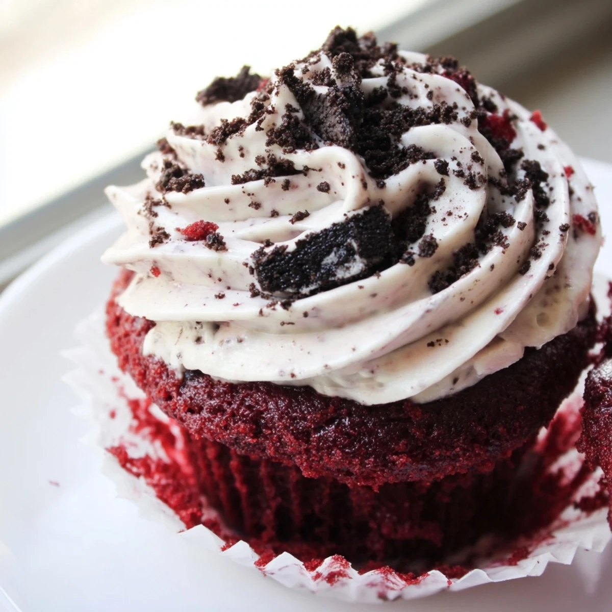 Decadent red velvet Oreo cupcakes with swirled frosting served on a white cake stand