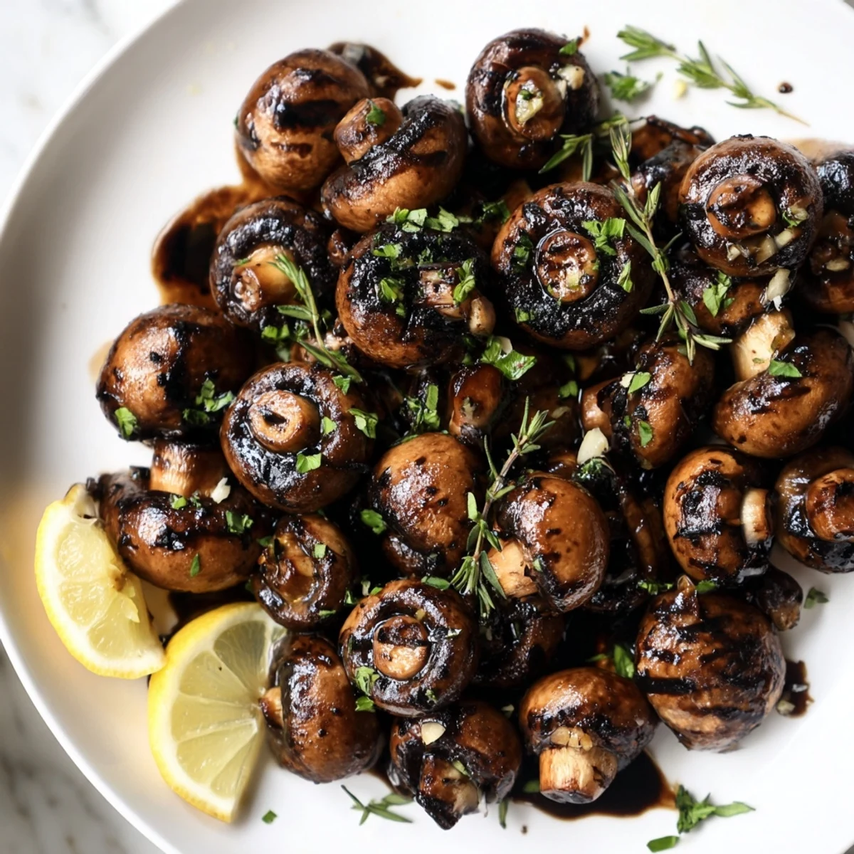 Golden sautéed grilled garlic mushrooms glistening with butter and fresh chopped parsley