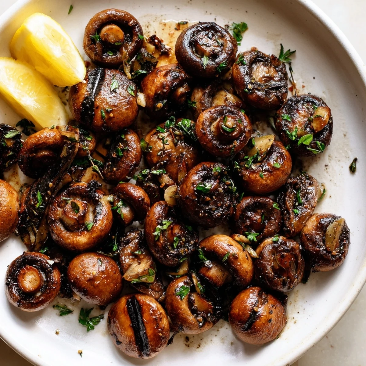 Smoky grilled garlic mushrooms in a cast iron skillet with balsamic glaze and herbs