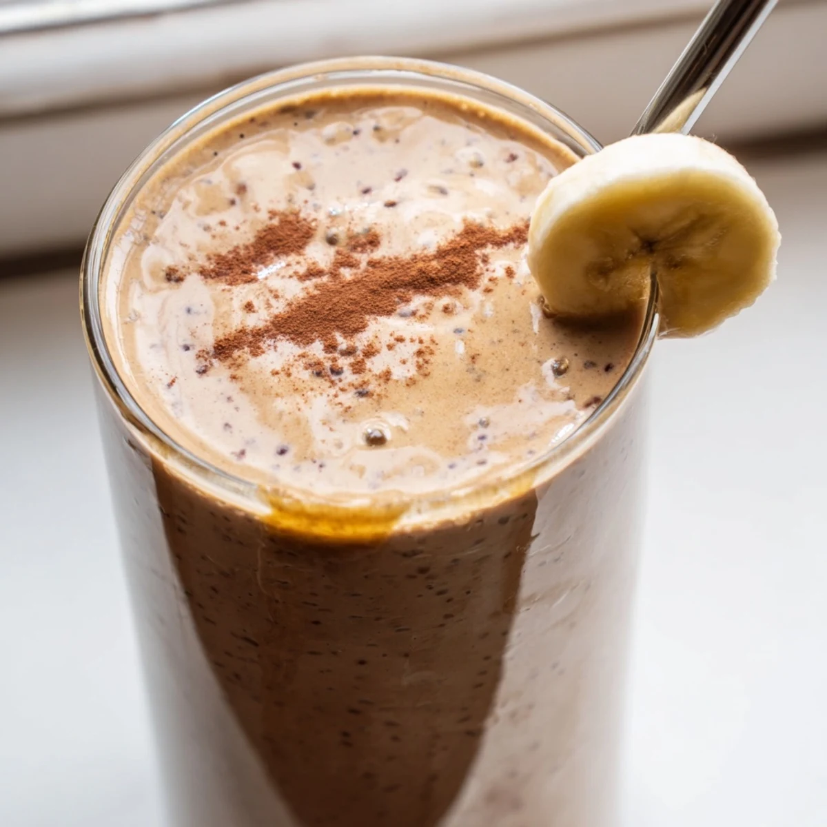 Thick banana protein coffee smoothie poured into a tall glass with cinnamon dusted on top