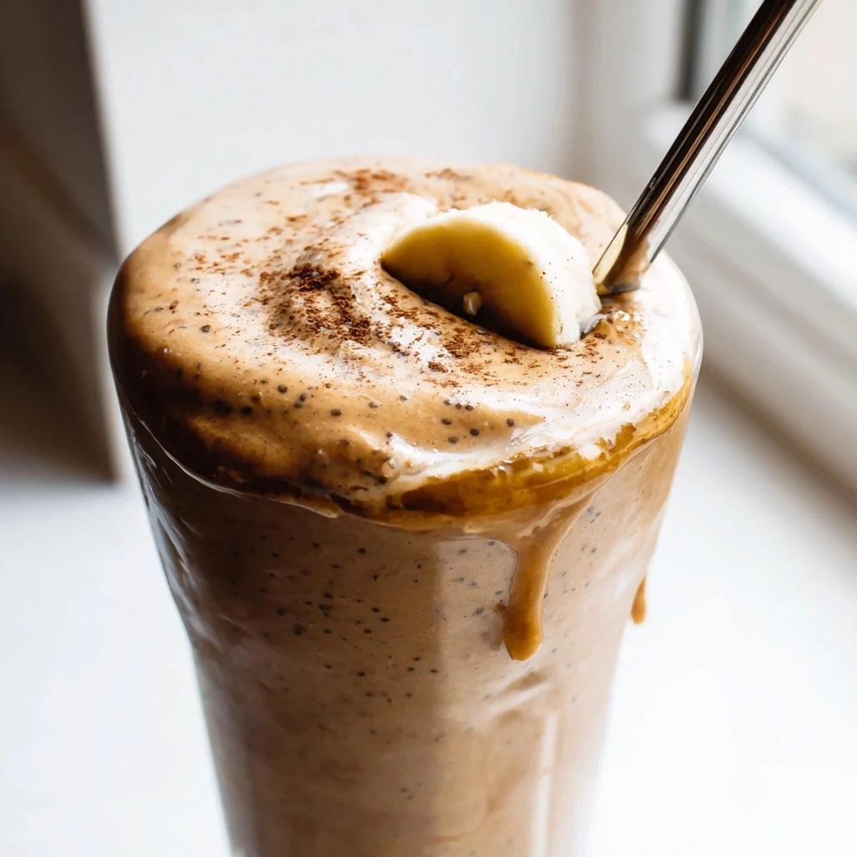 Creamy banana protein coffee smoothie blended smooth and served chilled in a mason jar