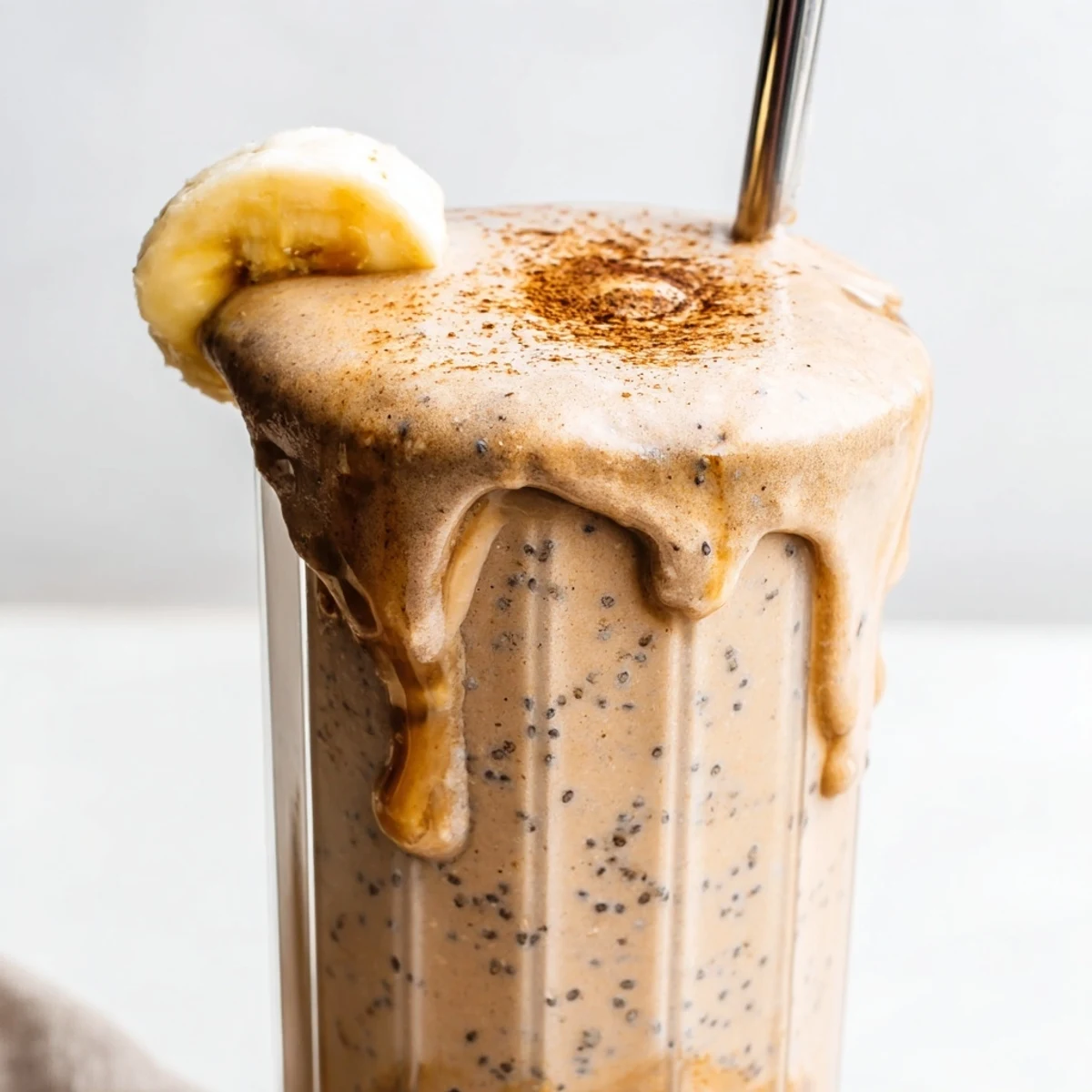 Frothy banana protein coffee smoothie topped with chia seeds beside a ripe banana