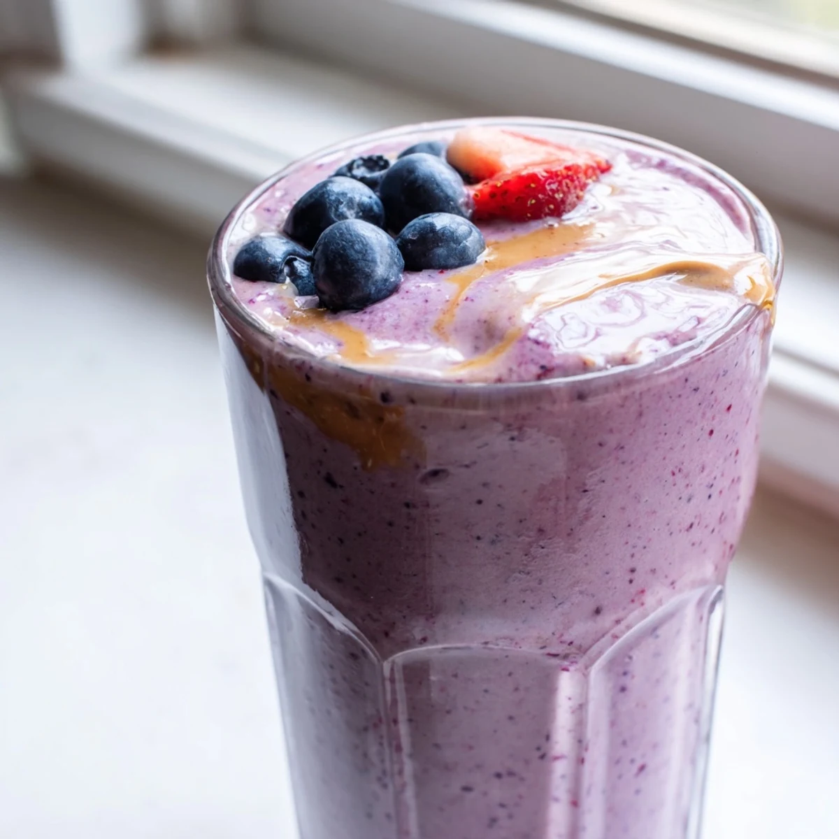 Creamy peanut butter berry smoothie swirling with vibrant berries and nutty golden streaks