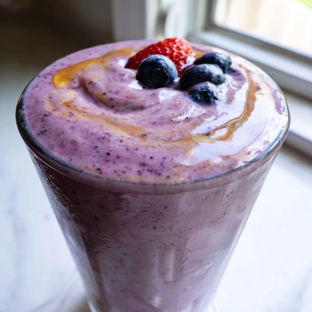 Chilled peanut butter berry smoothie poured into two mason jars beside scattered whole berries