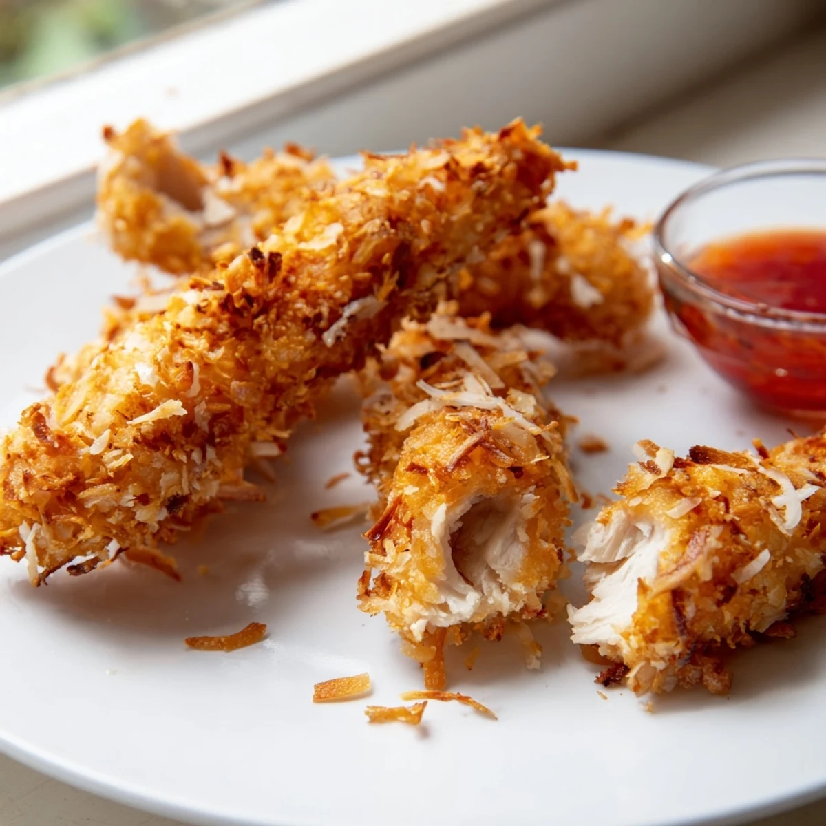 Golden crunchy coconut chicken strips served hot with sweet chili dipping sauce