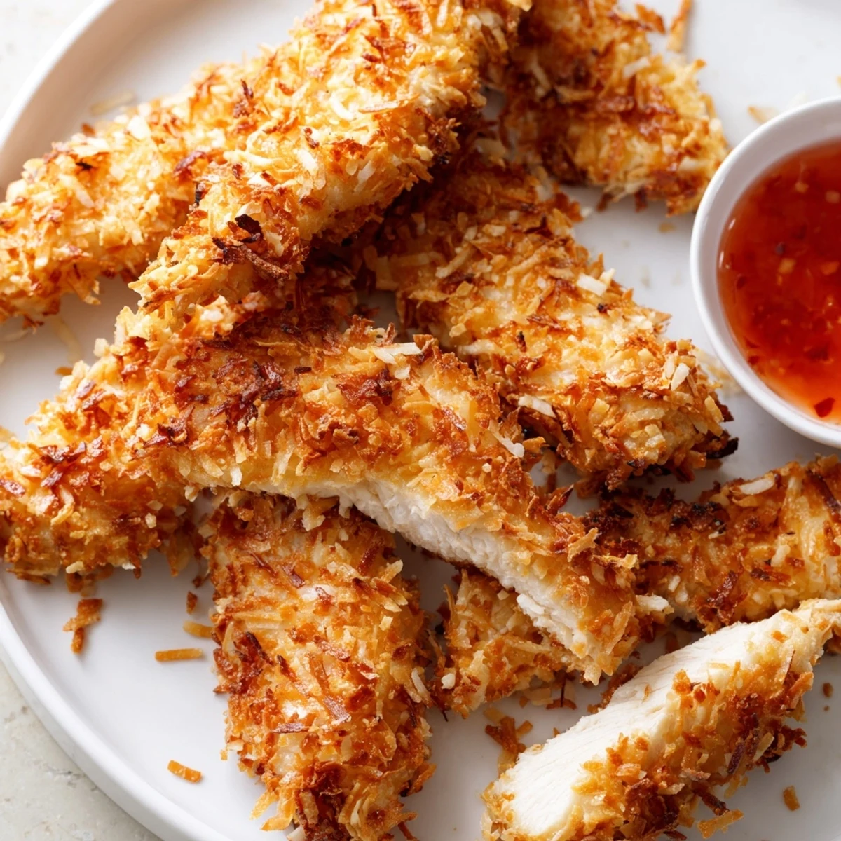 Crispy coconut chicken tenders fresh from the oven on a rustic plate