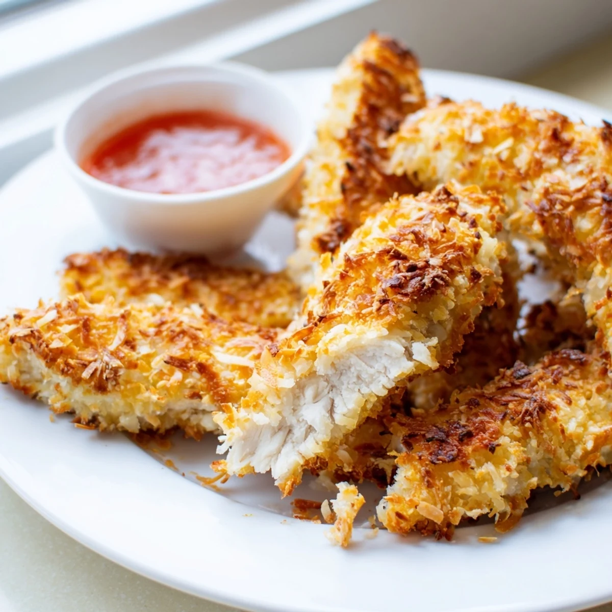 Crunchy coconut chicken pieces arranged on a platter alongside mango chutney