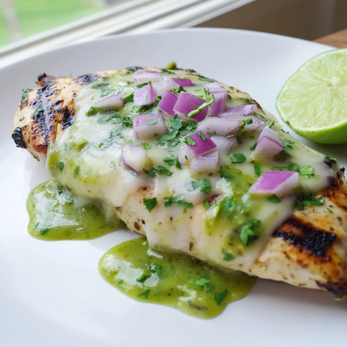 Juicy grilled chicken smothered in melted Pepper Jack cheese and vibrant salsa verde