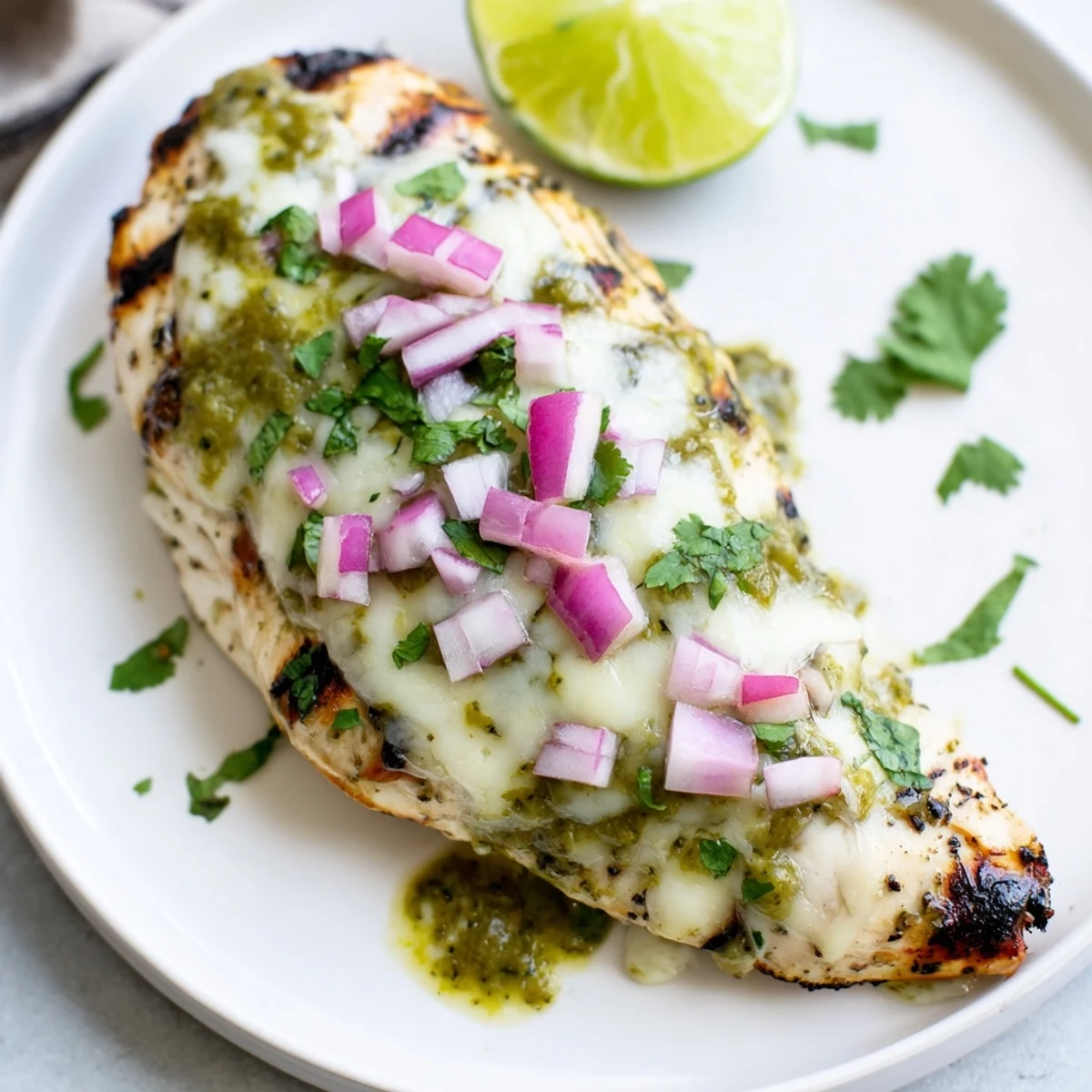 Cheesy Grilled Salsa Verde Pepper Jack Chicken topped with fresh cilantro and lime wedges