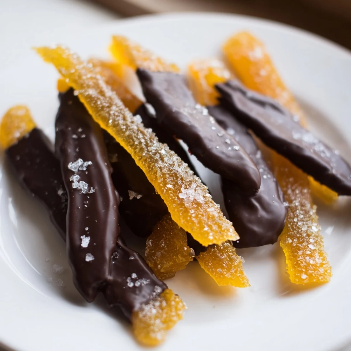 Glistening chocolate covered orange peels arranged on parchment, sprinkled with flaky sea salt.