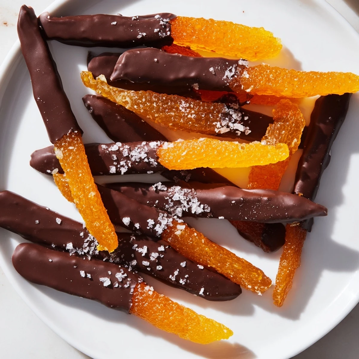 Candied orange strips dipped halfway in glossy dark chocolate, cooling on a wire rack.