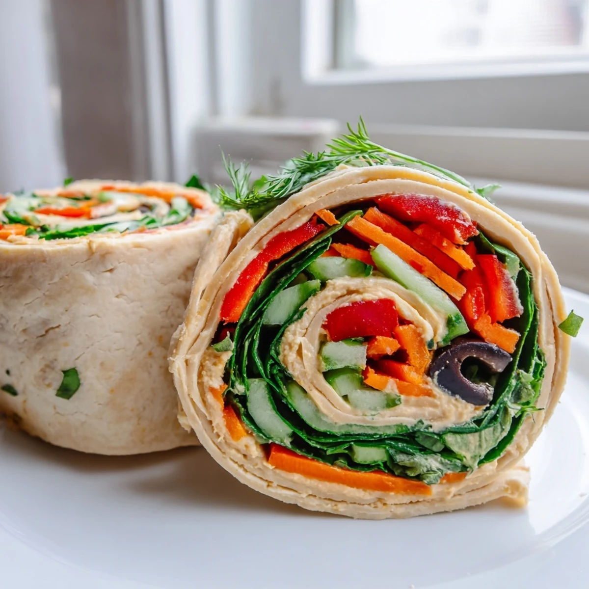 Colorful Vegan Picnic Hummus Veggie Pinwheels sliced on a white platter