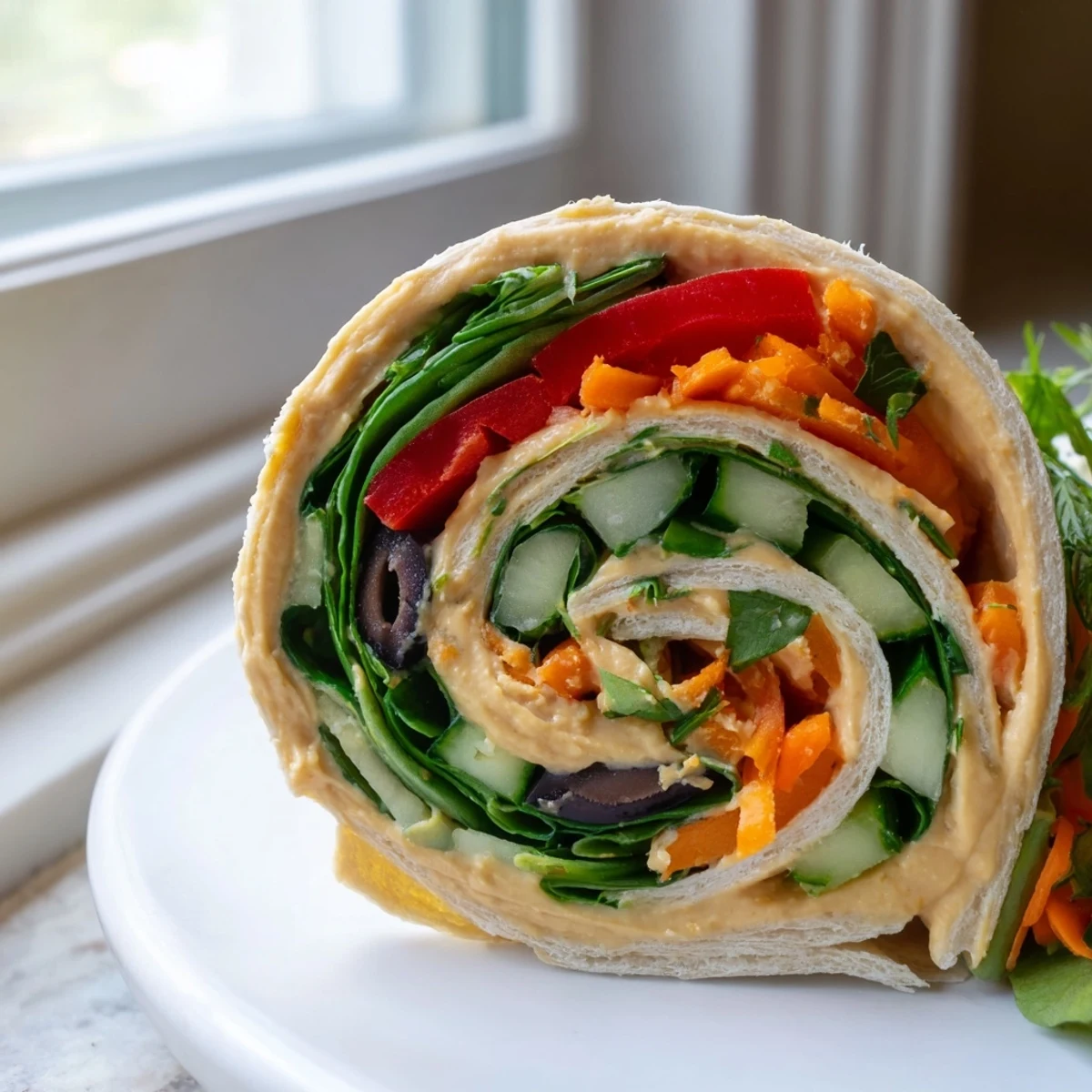 Spiraled Vegan Picnic Hummus Veggie Pinwheels showing crisp peppers and creamy filling