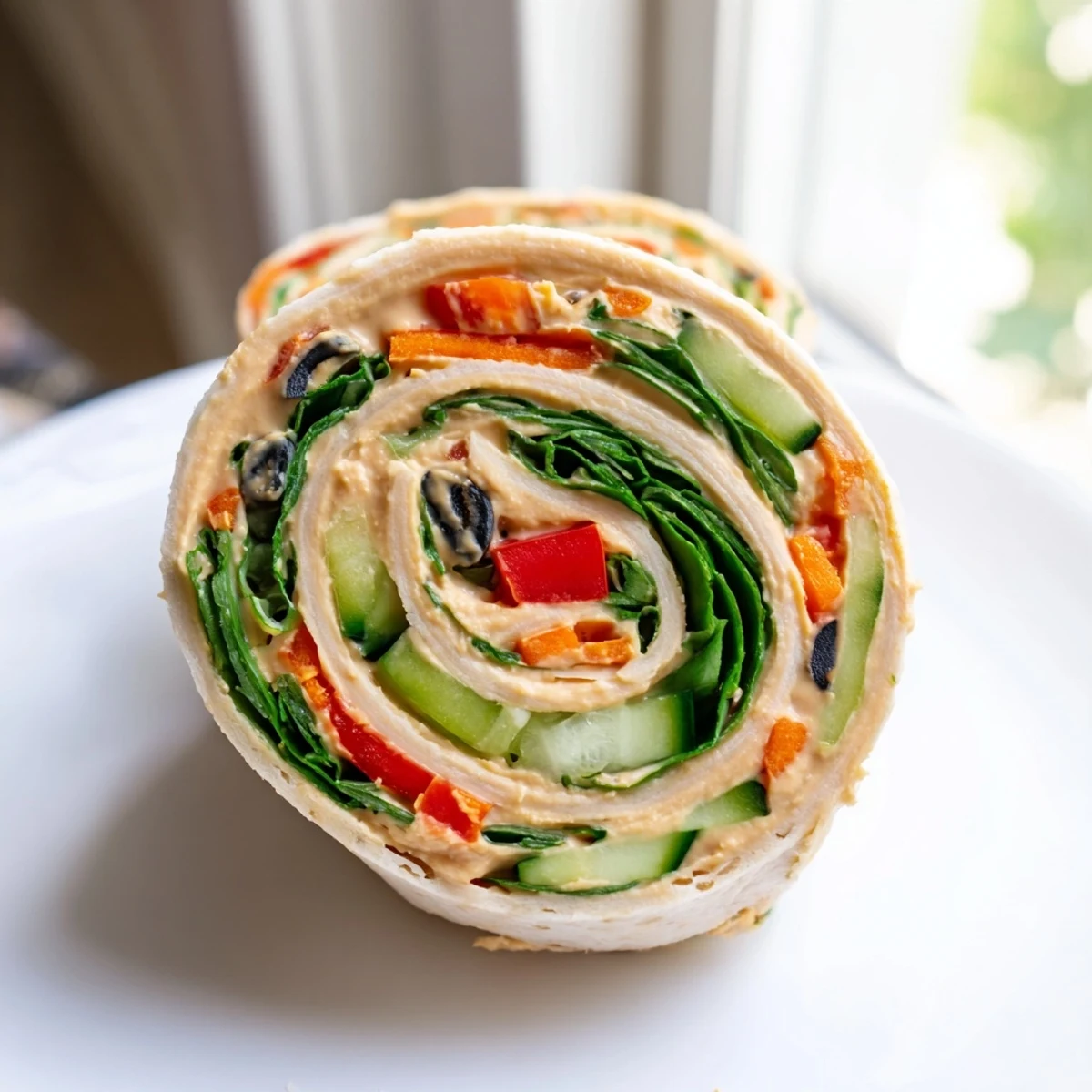 Vegan Picnic Hummus Veggie Pinwheels arranged on a wooden board with fresh herbs