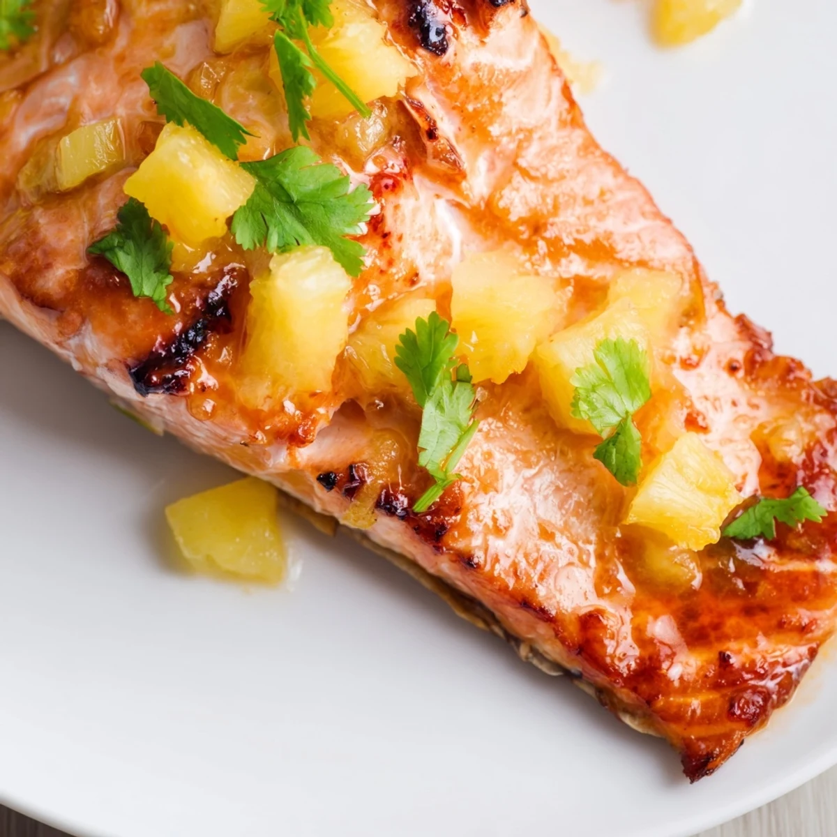 Glistening honey pineapple glazed salmon fillets on a parchment-lined baking sheet