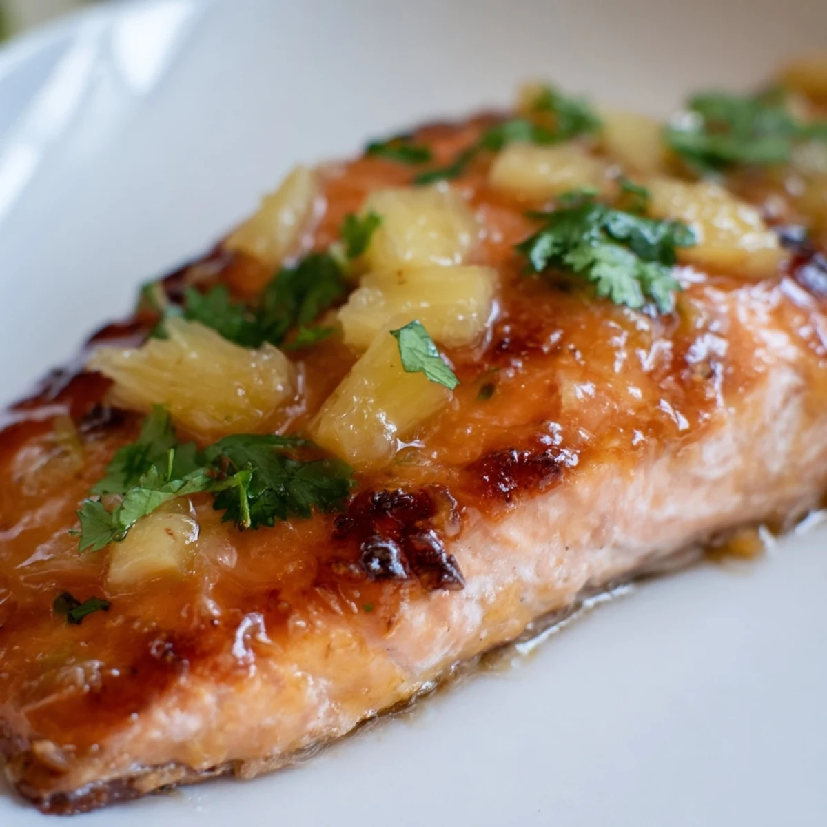 Honey pineapple glazed salmon topped with diced pineapple and fresh cilantro