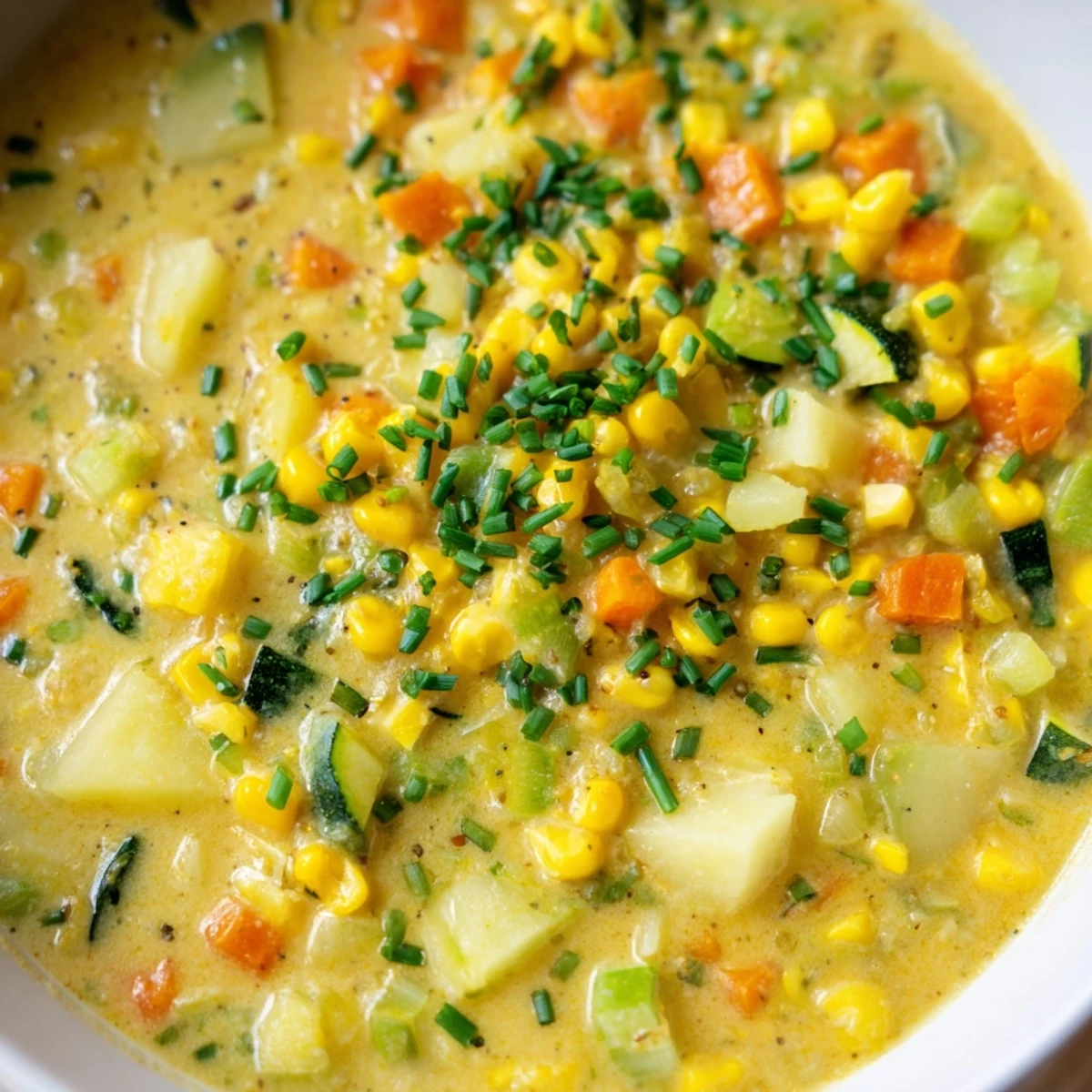 Golden summer corn zucchini chowder bubbling in a pot with tender potatoes and herbs