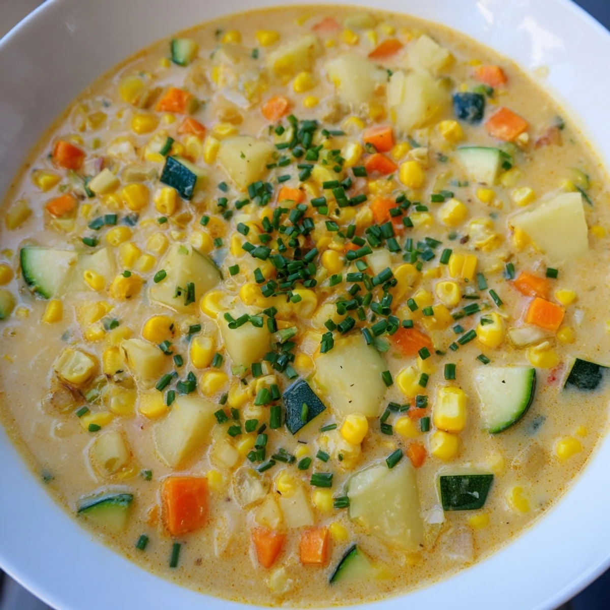 Creamy summer corn zucchini chowder ladled into a bowl with fresh chives sprinkled on top