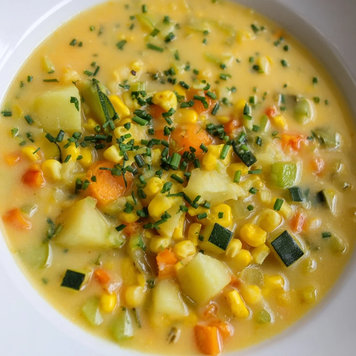Thick and hearty summer corn zucchini chowder served with crusty bread for dipping