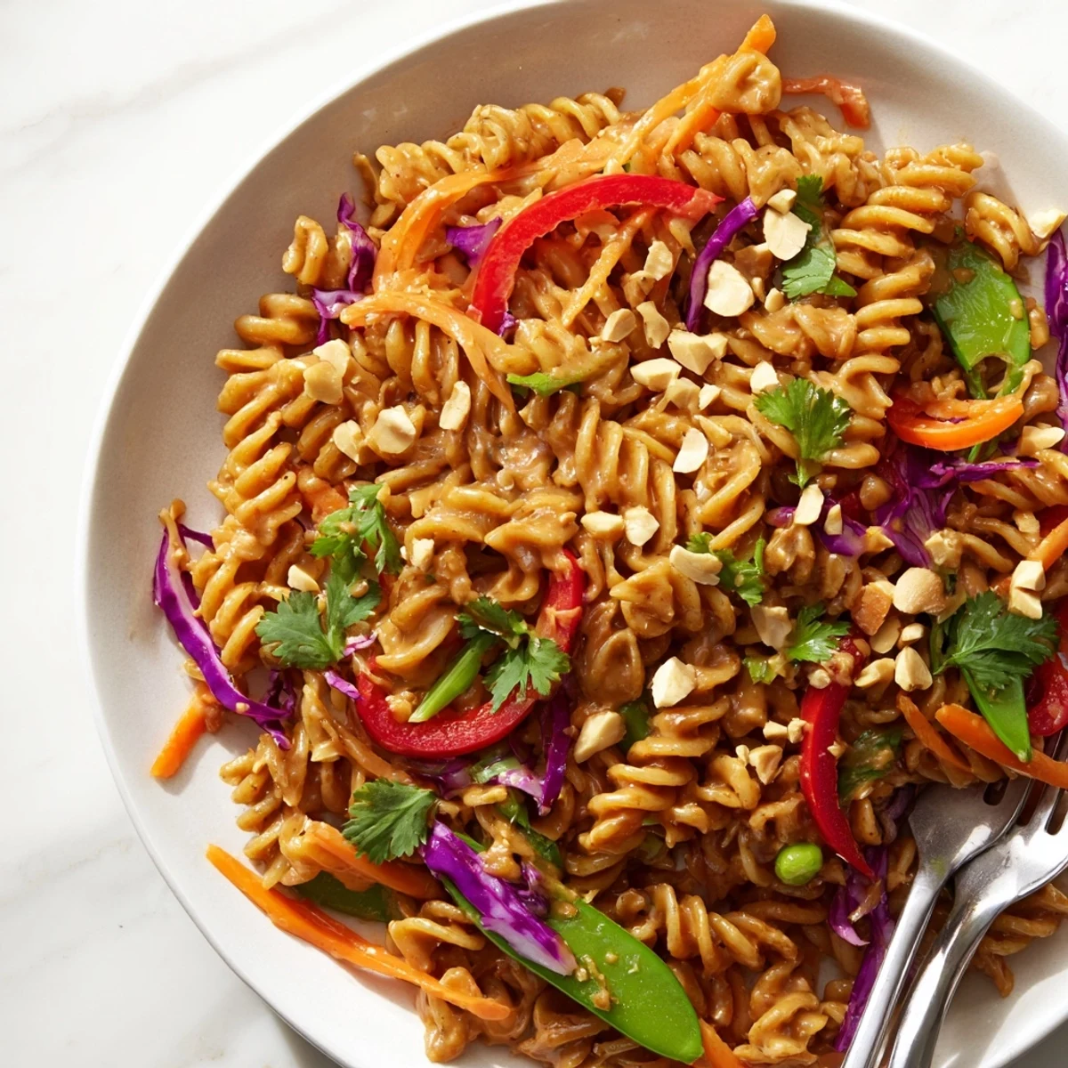 Colorful Spicy Thai Pasta Salad tossed with crunchy vegetables and creamy peanut dressing