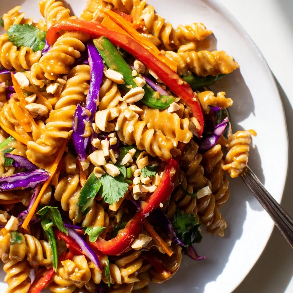 Spicy Thai Pasta Salad served chilled in a bowl topped with crushed peanuts and cilantro