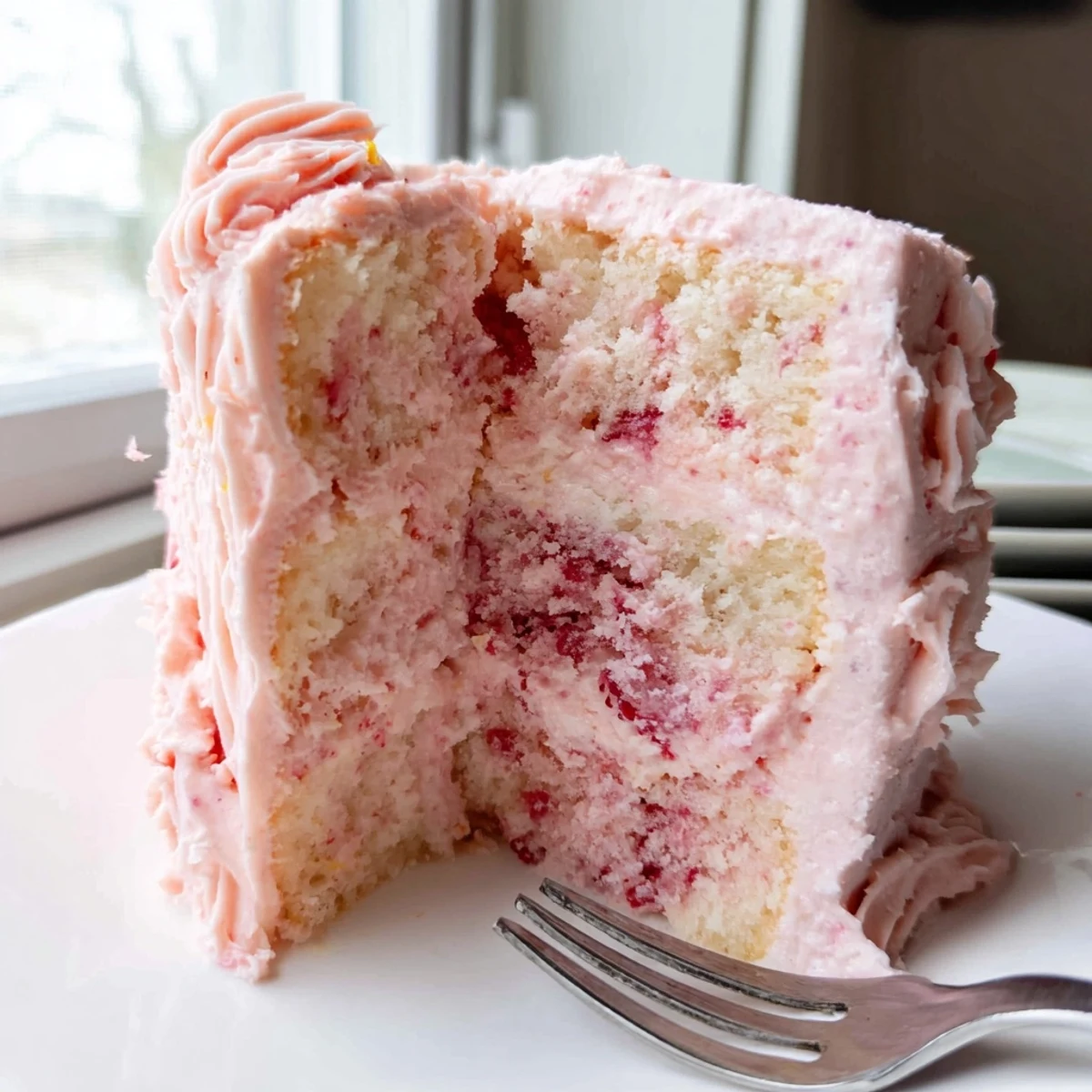 Slice of strawberry lemonade cake topped with fresh berries on a decorative plate