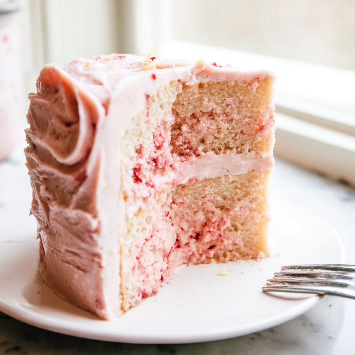 Frosted strawberry lemonade cake layered with pink cream cheese and lemon zest garnish