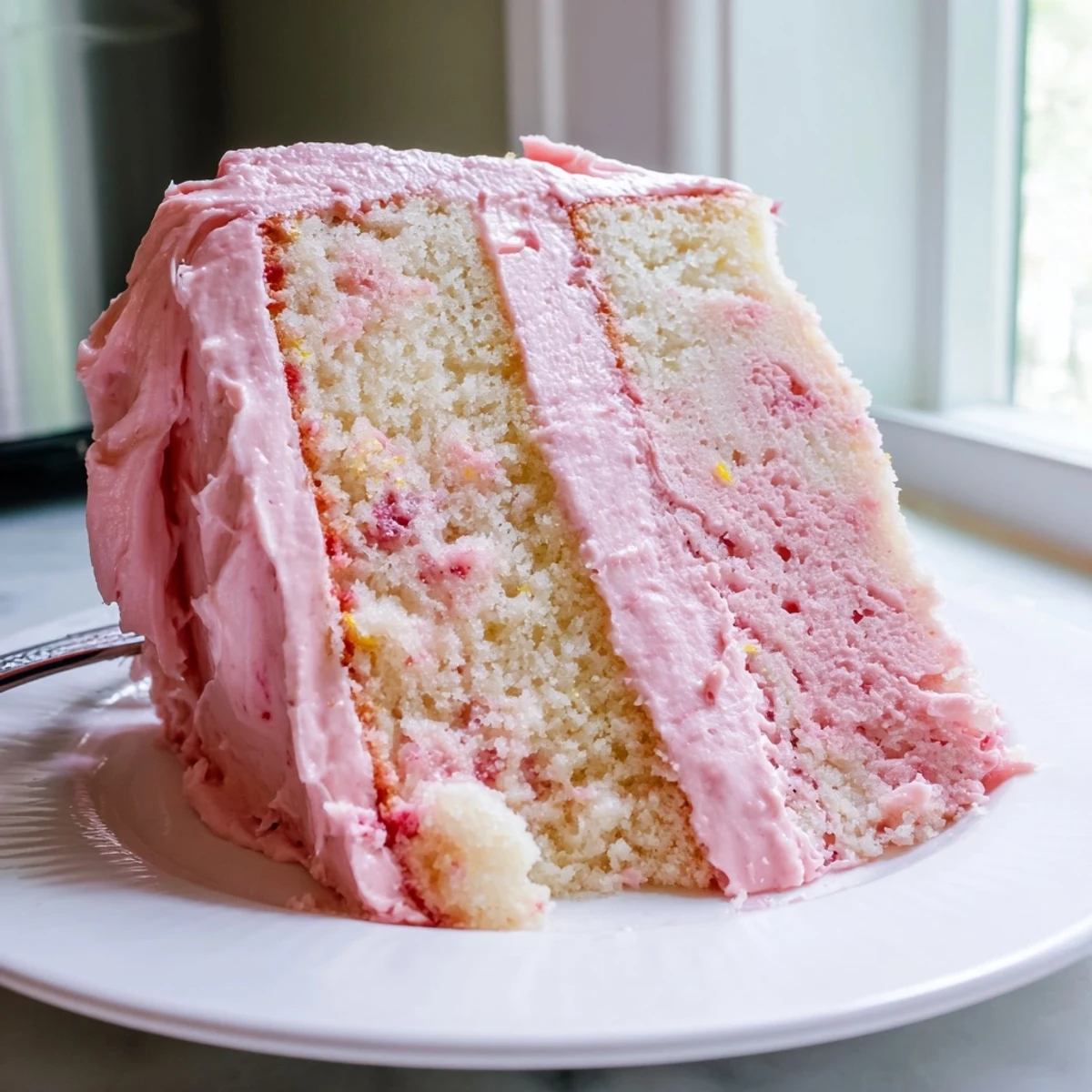 Two-layer strawberry lemonade cake decorated with sliced strawberries and citrus wheels for summer