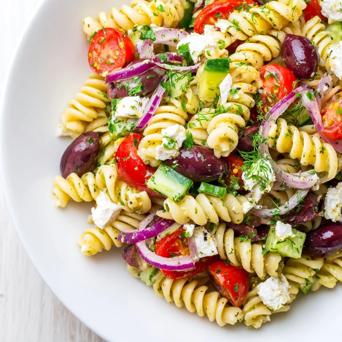 Colorful Greek pasta salad with crumbled feta, ripe olives, and crisp garden vegetables