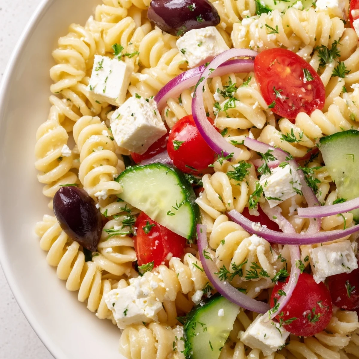 Bowl of fresh Greek pasta salad tossed in a bright, zesty lemon herb dressing