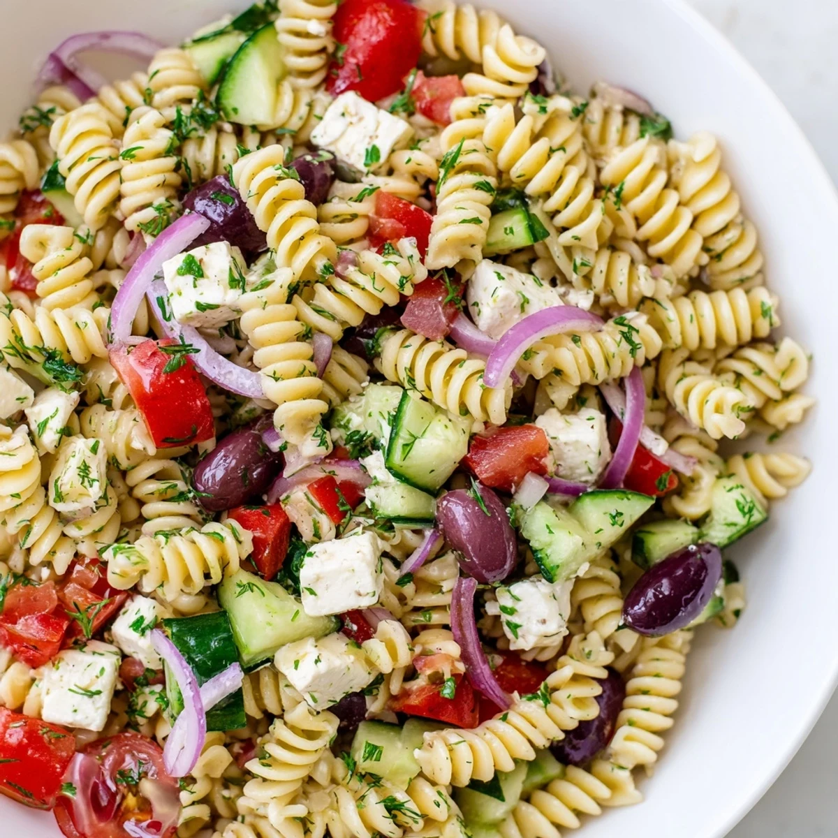 Chilled Greek pasta salad featuring juicy cherry tomatoes, cucumber, and creamy feta cubes