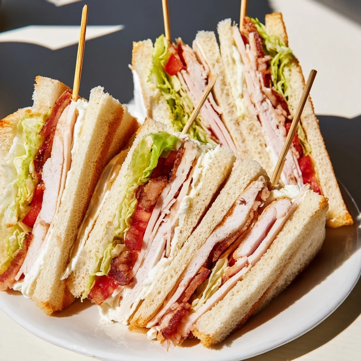 Classic club sandwich stacked with roasted turkey, crispy bacon, and fresh lettuce on toasted bread.