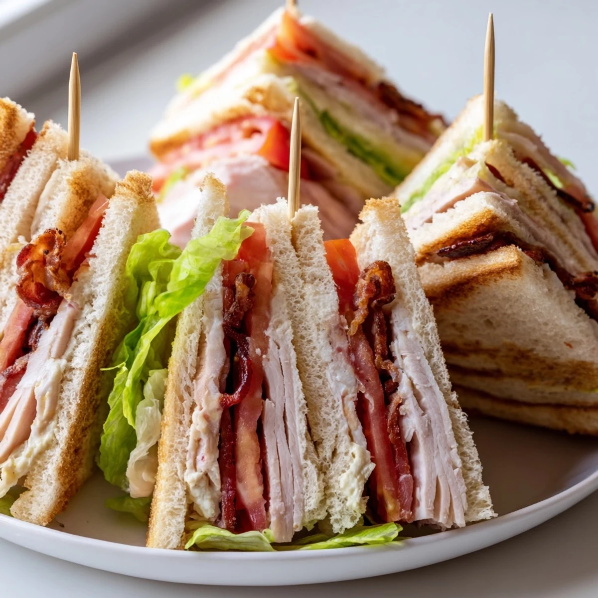 Triple-decker club sandwich layered with sliced ham, ripe tomatoes, and creamy mayo served with toothpicks.
