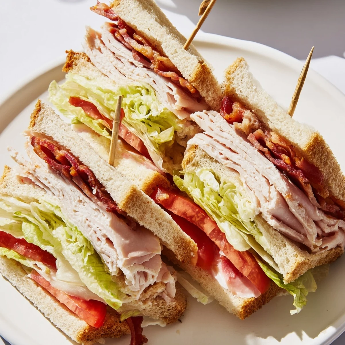 Golden-toasted club sandwich cut into diagonal wedges, revealing layers of tender meat and crisp vegetables.