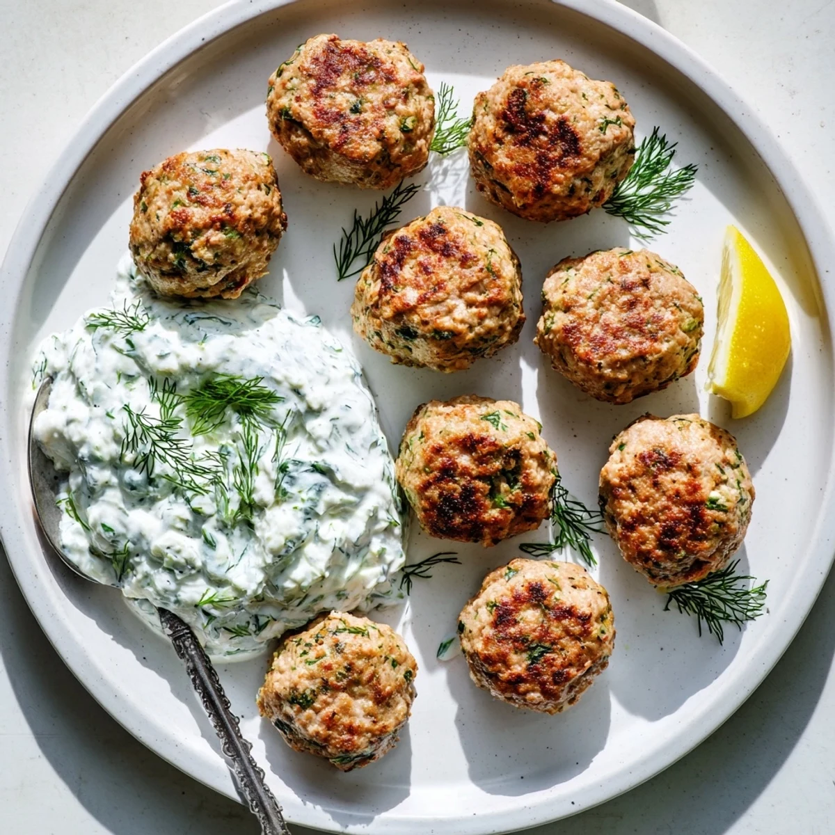 Golden Greek turkey meatballs nestled beside a bowl of cool, creamy tzatziki sauce