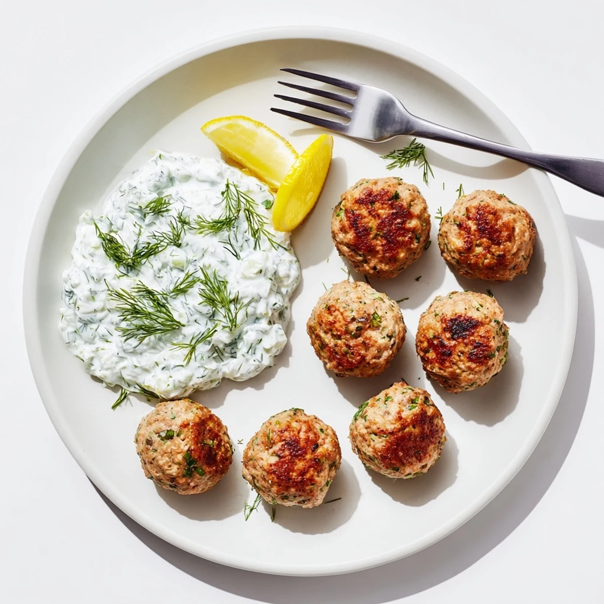 Crispy herb-flecked Greek turkey meatballs drizzled with tzatziki on a rustic plate