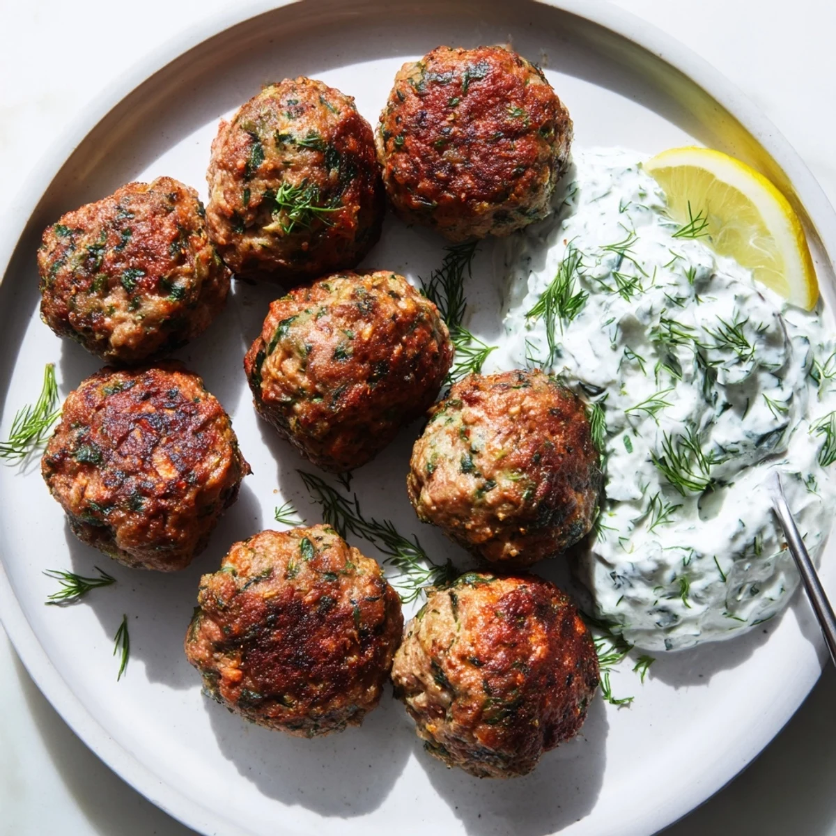 Tender Greek turkey meatballs arranged over fresh greens with a generous tzatziki dollop
