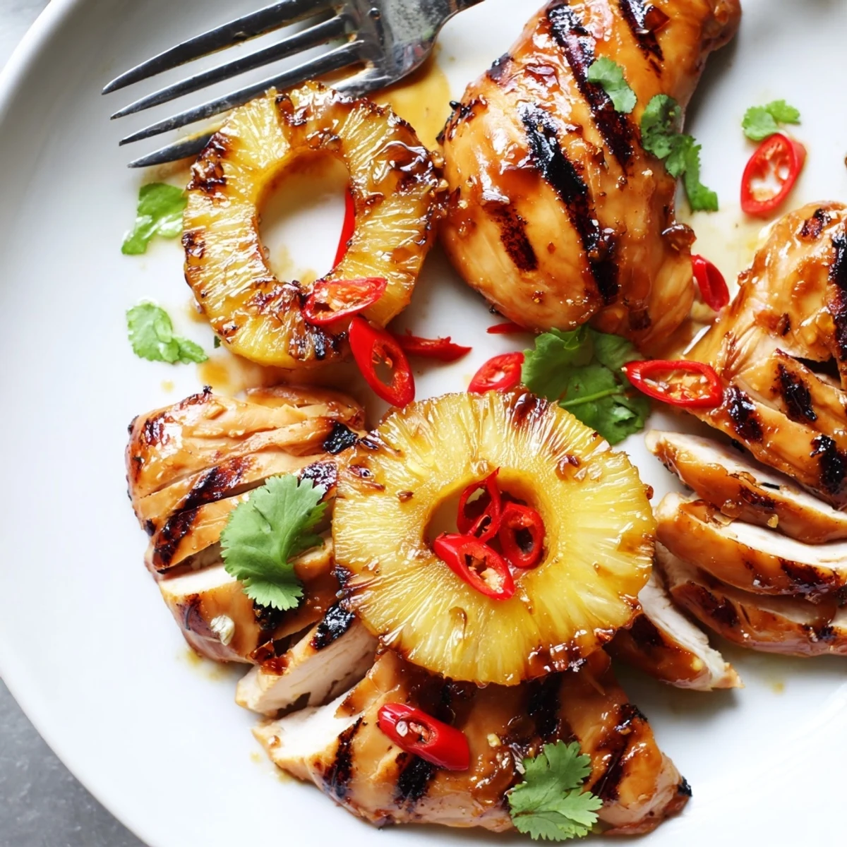Juicy Chili Pineapple Grilled Chicken with caramelized pineapple rings on a summer plate