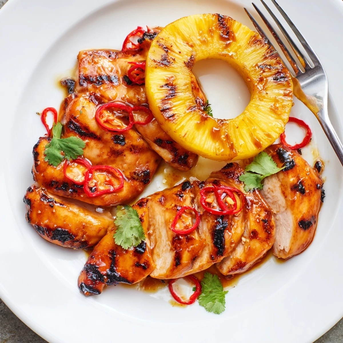 Golden Chili Pineapple Grilled Chicken sliced open revealing tender meat beside charred fruit