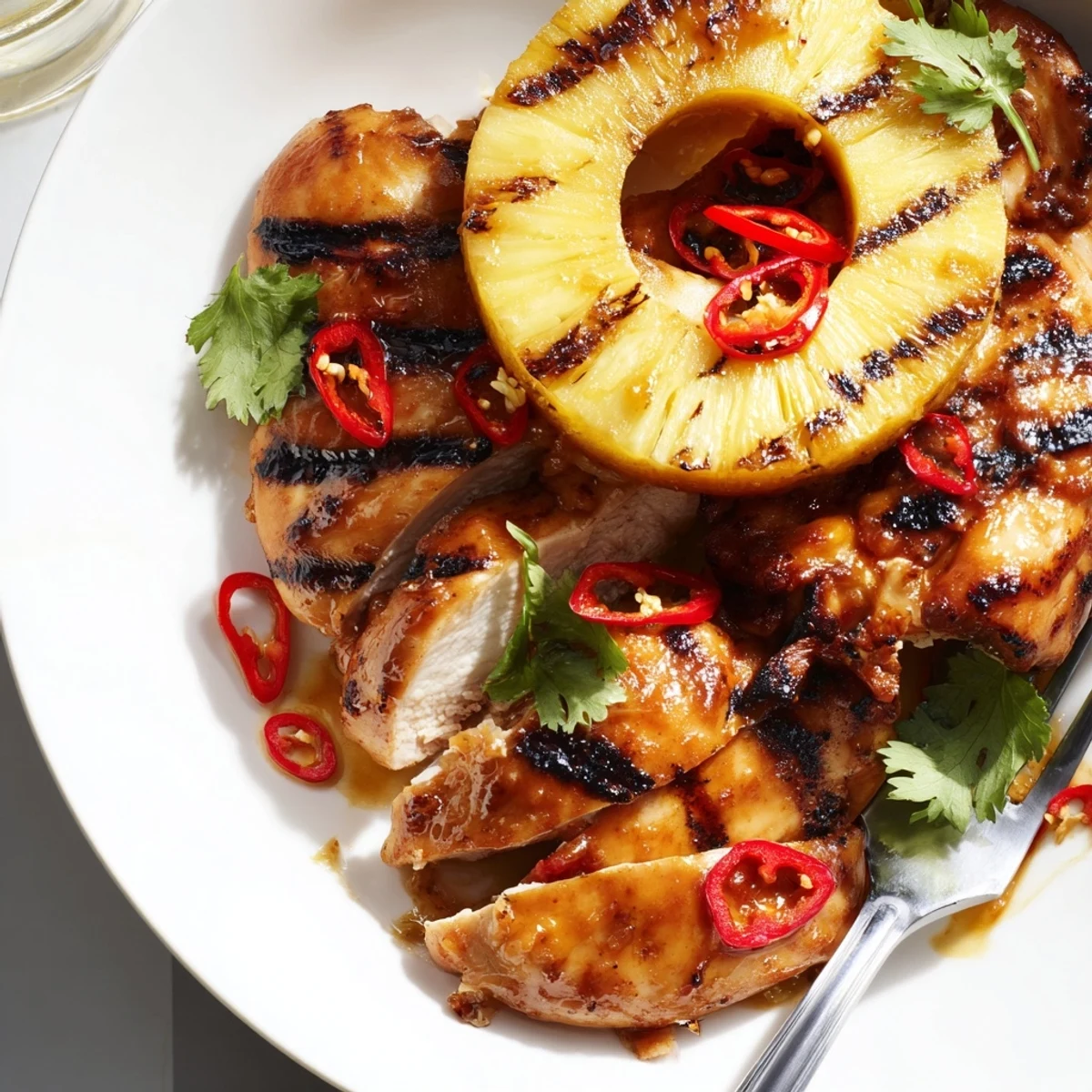 Spicy Chili Pineapple Grilled Chicken garnished with fresh cilantro and sliced red chili