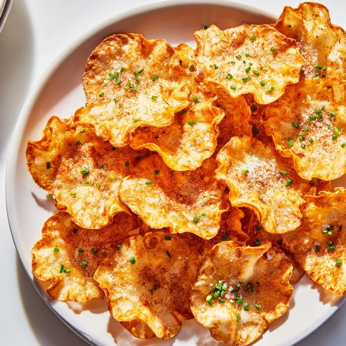 Golden crispy cottage cheese chips fresh from the oven on parchment paper