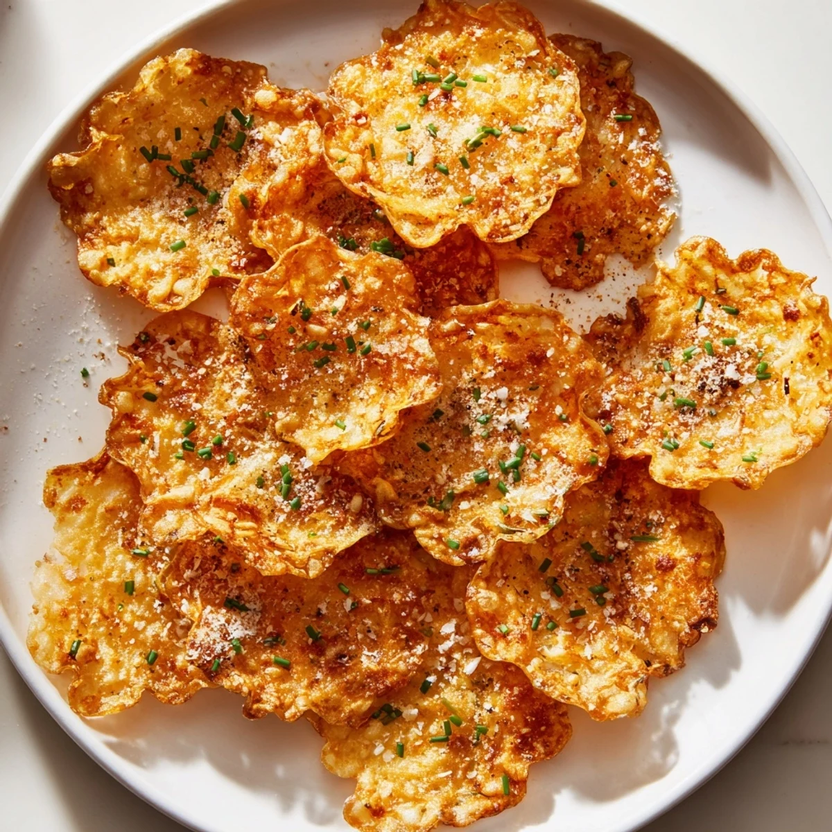 Crunchy baked cottage cheese chips sprinkled with parmesan and fresh chives