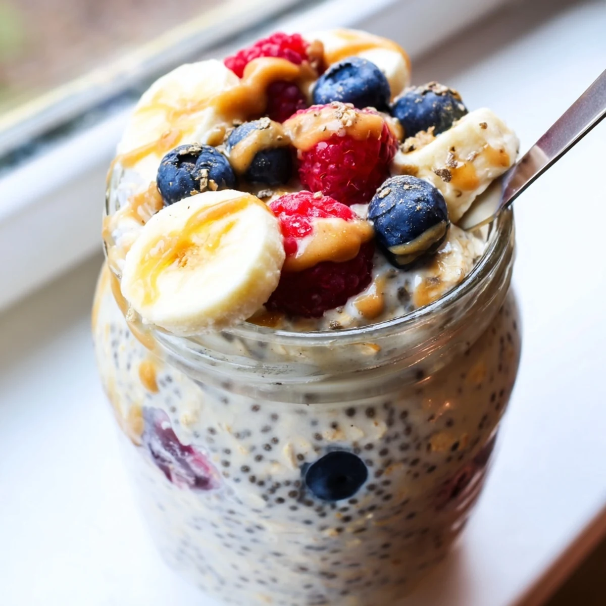 Creamy protein overnight oats topped with fresh berries in a glass jar