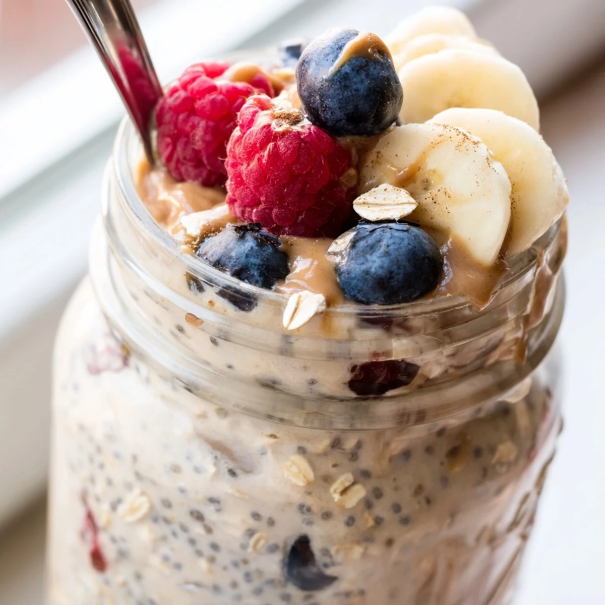 Vanilla protein overnight oats served cold with a drizzle of nut butter