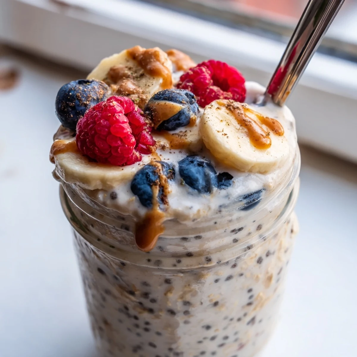 Thick protein overnight oats layered with sliced banana and chia seeds