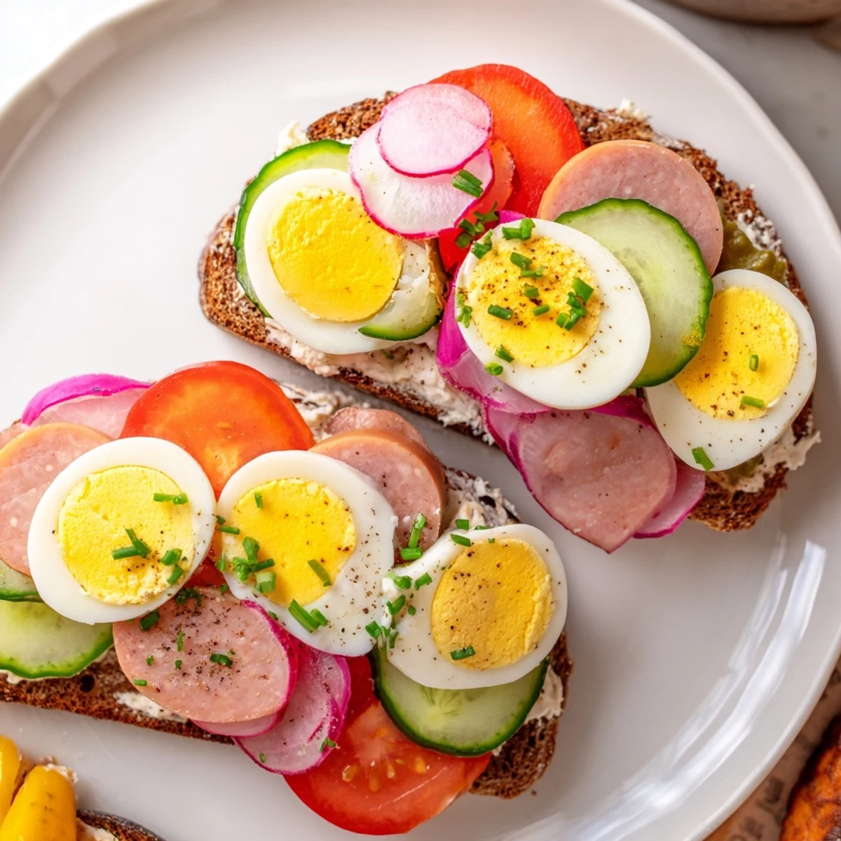 Open faced Polish sandwiches kanapki arranged on a rustic wooden serving platter