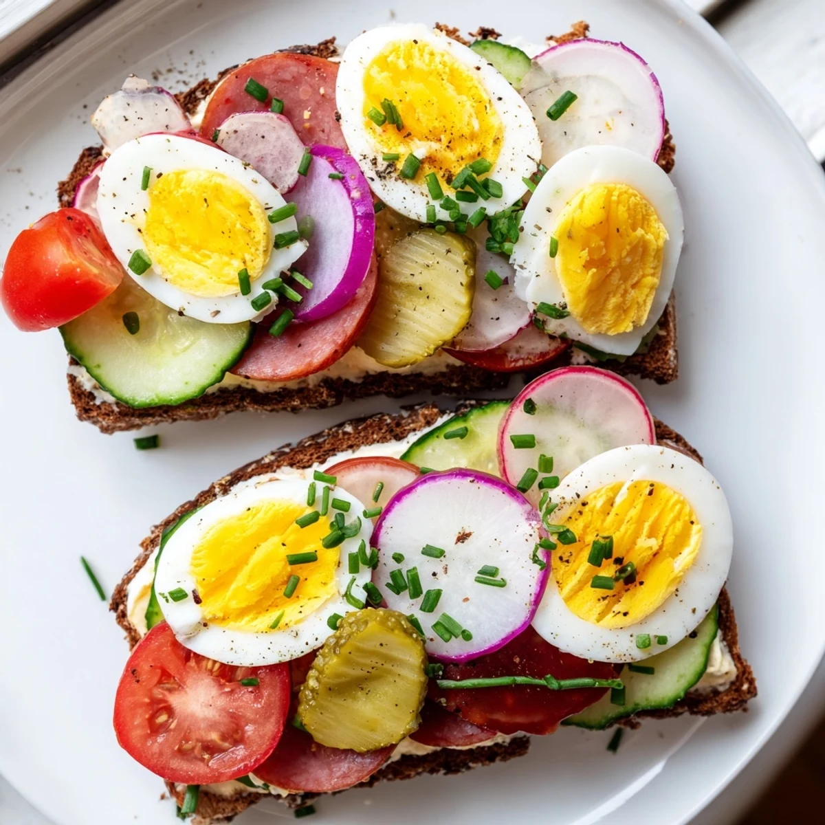 Colorful open faced Polish sandwiches topped with fresh vegetables and sliced kielbasa